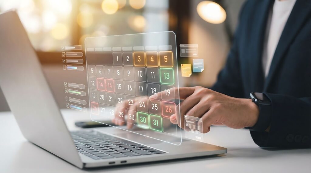 A person in a business suit interacts with a glowing, holographic calendar interface hovering above an open laptop.
