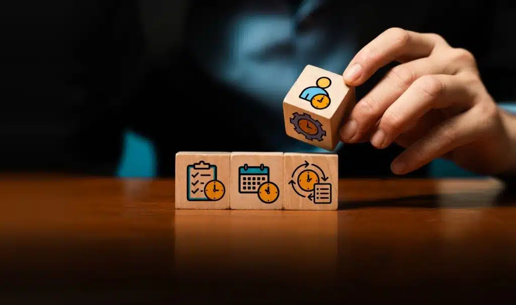 A person in a business suit places a wooden block atop a row of three others.