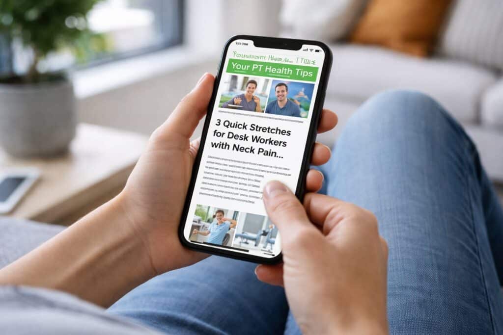 Person reading a physical therapy email newsletter on a smartphone showing neck pain stretch tips.