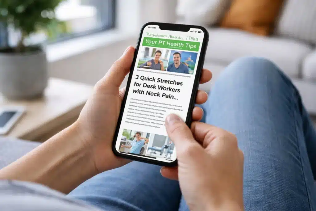 Person reading a physical therapy email newsletter on a smartphone showing neck pain stretch tips.