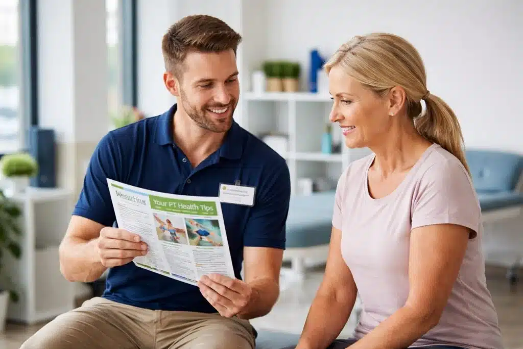 Physical therapist reviewing a health newsletter with a patient during a clinic visit.
