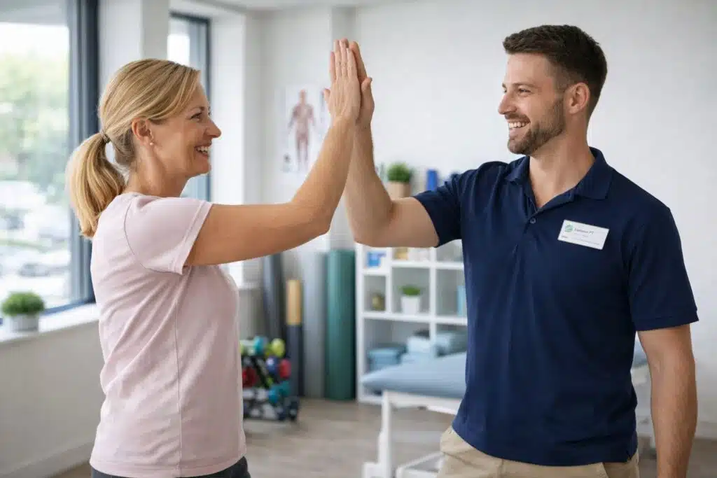 Physical therapist celebrating patient recovery progress during a therapy session.