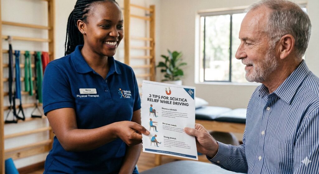 A physical therapist hands an informational sheet with stretches to a smiling older man in a clinic setting.