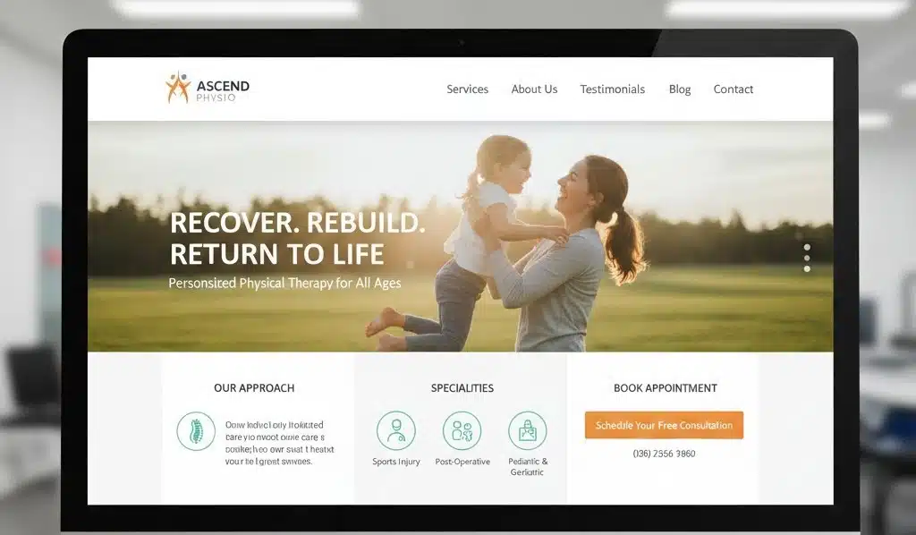 A laptop screen displaying the homepage for "Ascend Physio," a physical therapy website.