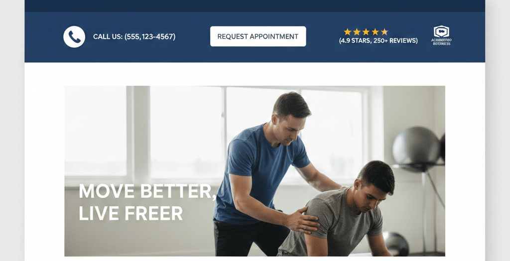 A webpage mockup for a physical therapy clinic featuring a blue header with a "Request Appointment" button.
