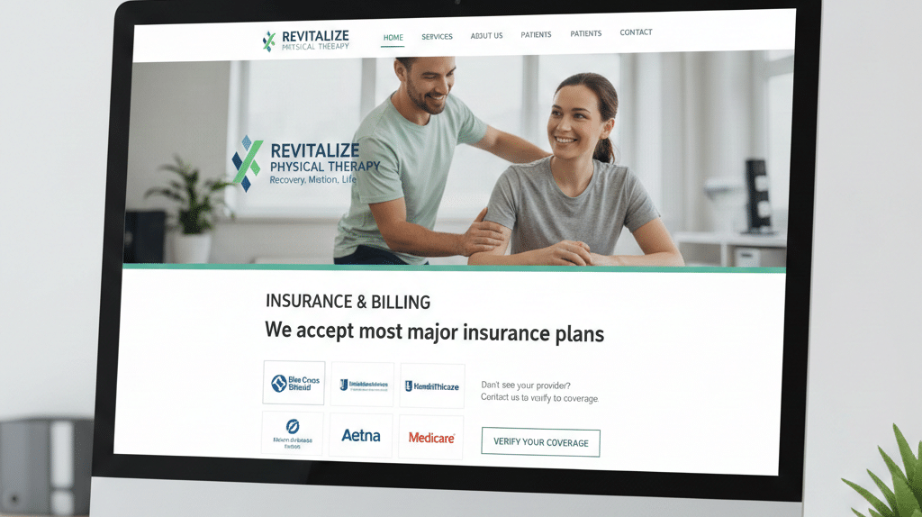 An image of a computer monitor displaying the "Insurance & Billing" webpage for "Revitalize Physical Therapy."