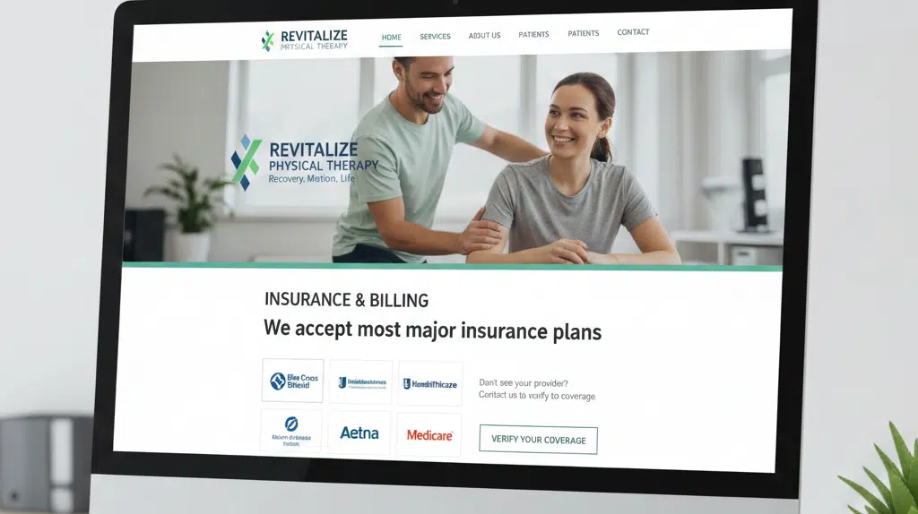An image of a computer monitor displaying the "Insurance & Billing" webpage for "Revitalize Physical Therapy."