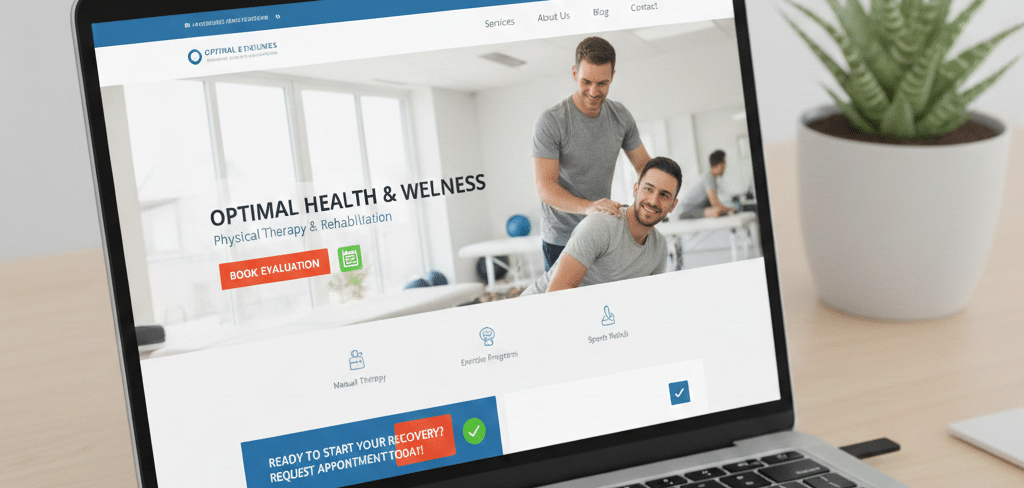 A realistic mock-up of a physical therapy website with a prominent, bright orange Call-to-Action (CTA) button.