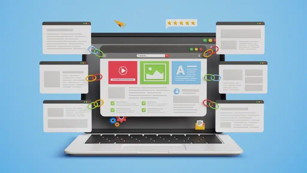 A laptop screen displaying a central website connected to multiple surrounding web pages by colorful chain links.