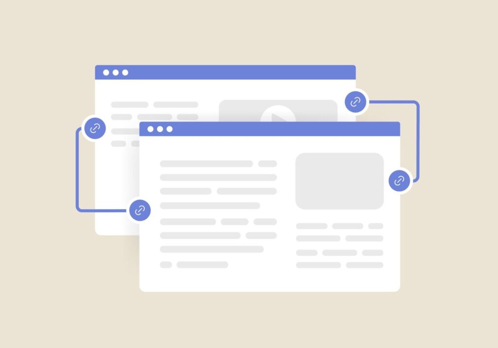 A minimalist illustration of two overlapping browser windows connected by blue lines and link icons.