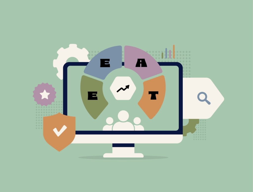 A computer monitor displaying a colorful circular infographic with the letters "E-E-A-T" surrounding a growth chart.