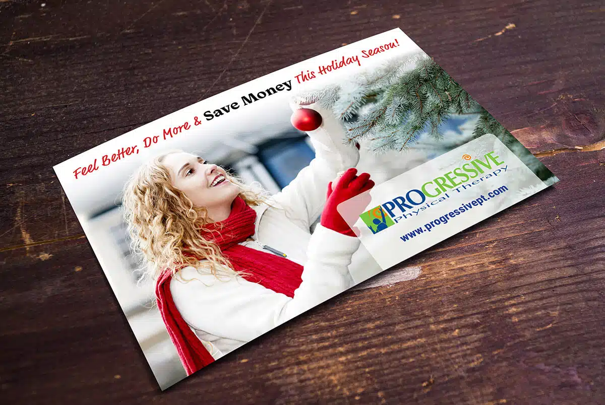 A postcard provides "Holiday Injury Prevention Tips" and features an image of a female physical therapist assisting an older man with an exercise band.