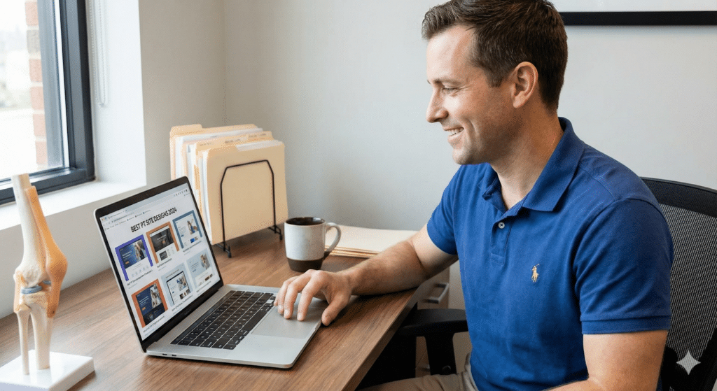 Physical therapist reviewing physical therapy website designs on a laptop in a private practice office