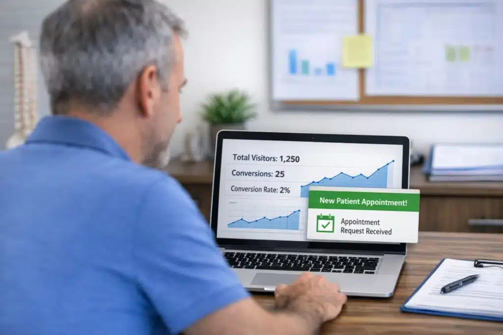 Clinic owner reviewing website analytics dashboard showing visitor traffic and patient conversion rate.