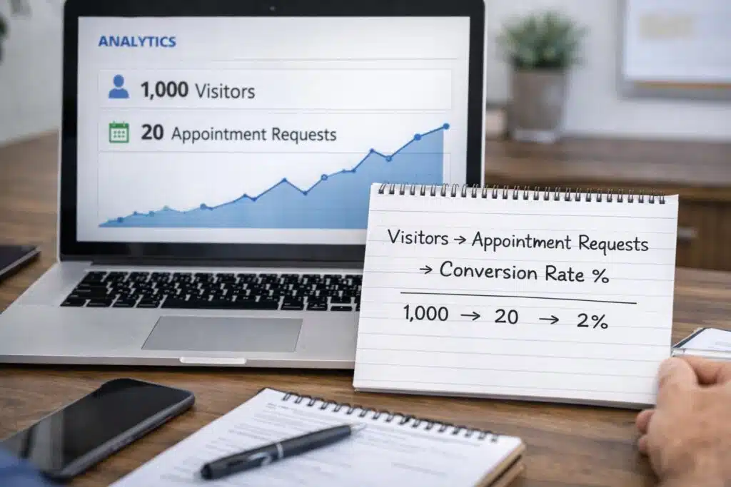 Laptop displaying website analytics with a notepad showing a conversion rate calculation example.