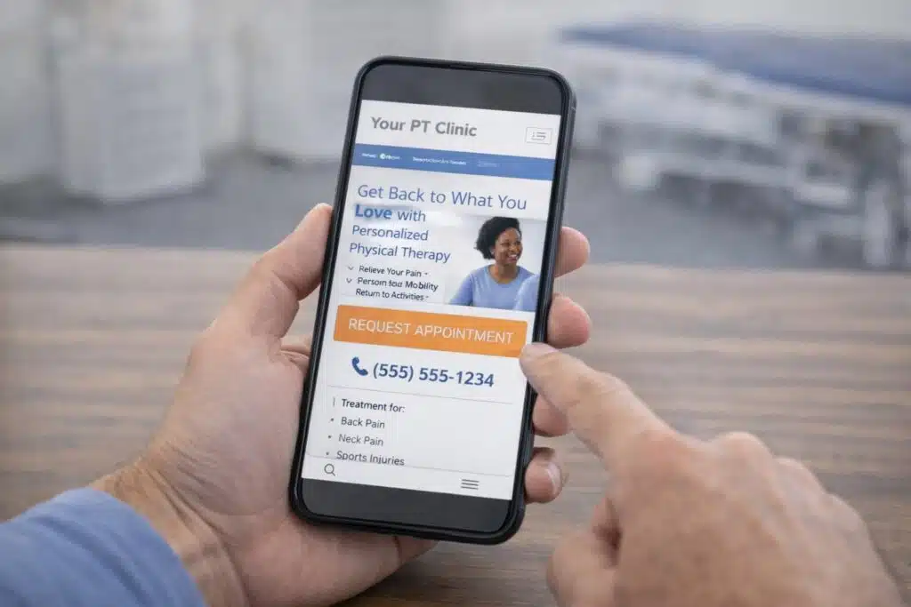 Patient using a smartphone to view a physical therapy clinic website with a request appointment button.