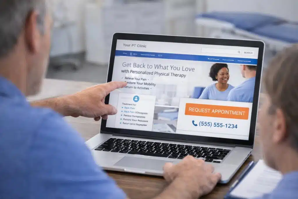 Physical therapist reviewing a clinic website showing a clear “Request Appointment” button for new patient scheduling.