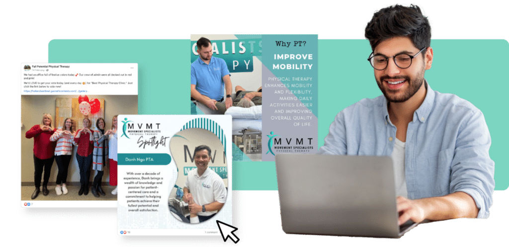 Happy man viewing physical therapist's social media posts