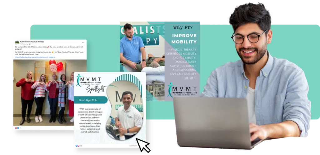 Happy man viewing physical therapist's social media posts