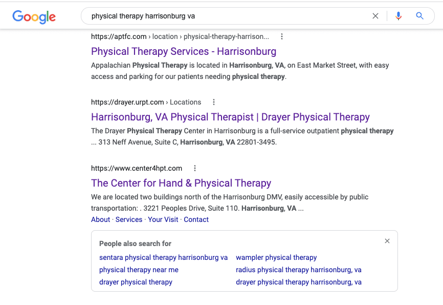 Physical Therapy Harrisonburg Google Results