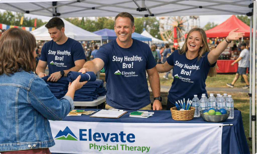 PT team engaging community event booth to promote services through local physical therapy marketing