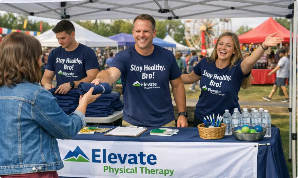 PT team engaging community event booth to promote services through local physical therapy marketing