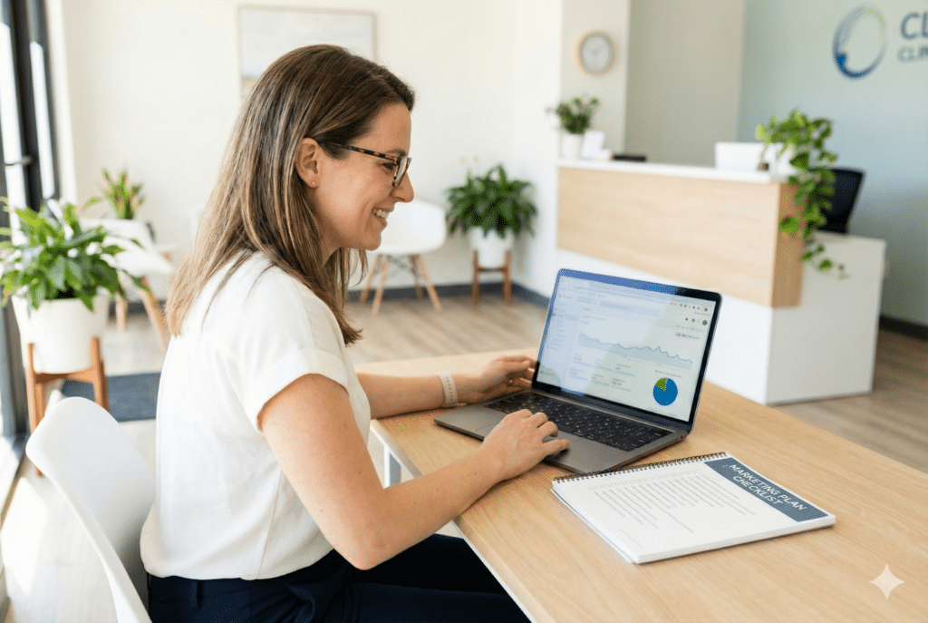 A smiling woman with glasses works on a laptop displaying data and charts at a desk in a bright, modern office, with a "Marketing Plan Checklist" notebook beside her.