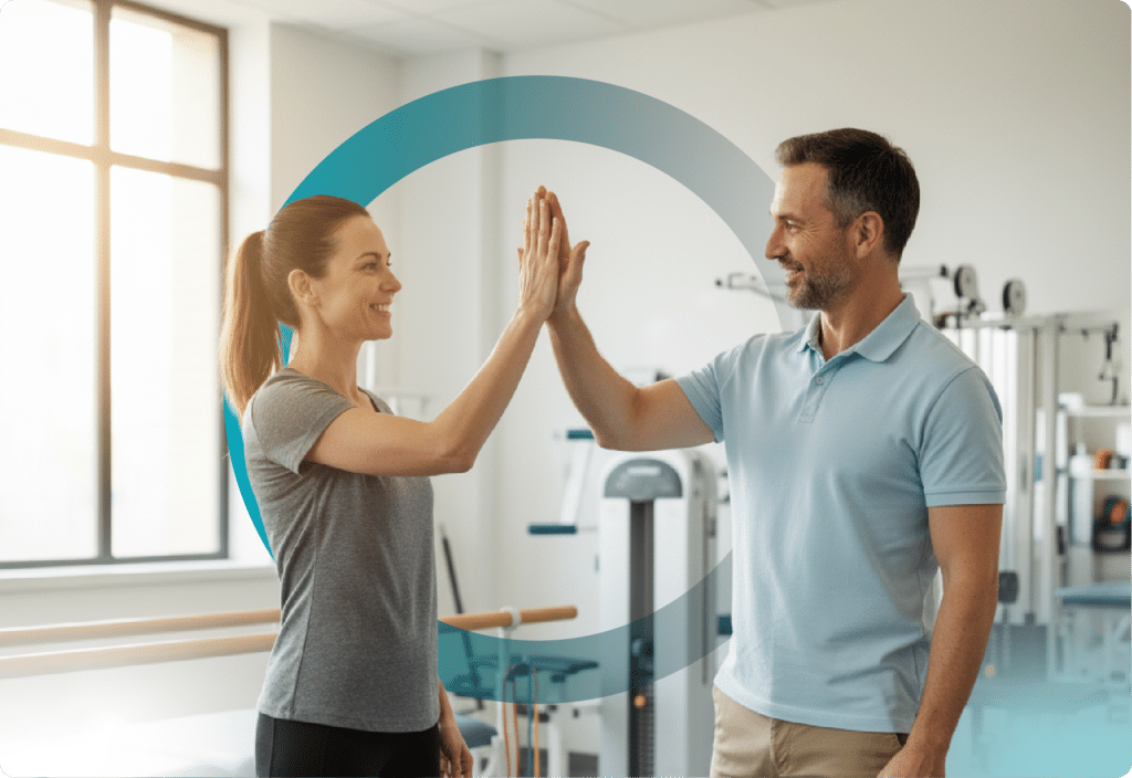 Physical therapist and patient high-five during rehab session, illustrating successful physical therapy marketing outcomes.