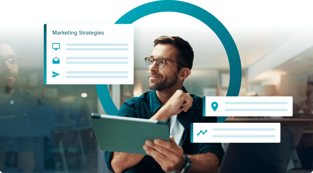 Professional reviewing tablet with dashboard showing physical therapy marketing strategies and analytics