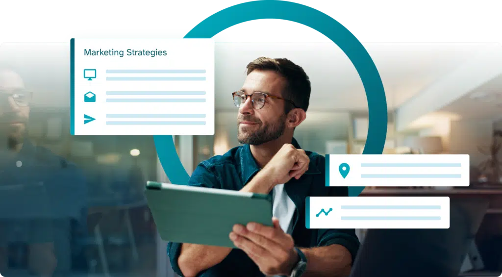Professional reviewing tablet with dashboard showing physical therapy marketing strategies and analytics