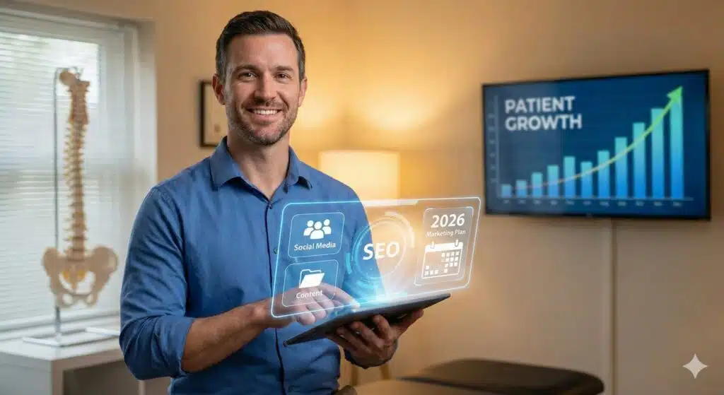 Chiropractor with a tablet displaying a 2026 digital marketing strategy for patient growth.
