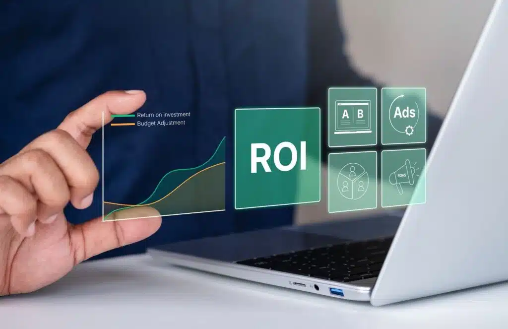 Alt text: A person's hand interacts with a glowing digital interface above a laptop, displaying a line graph comparing "Return on Investment" and "Budget Adjustment.
