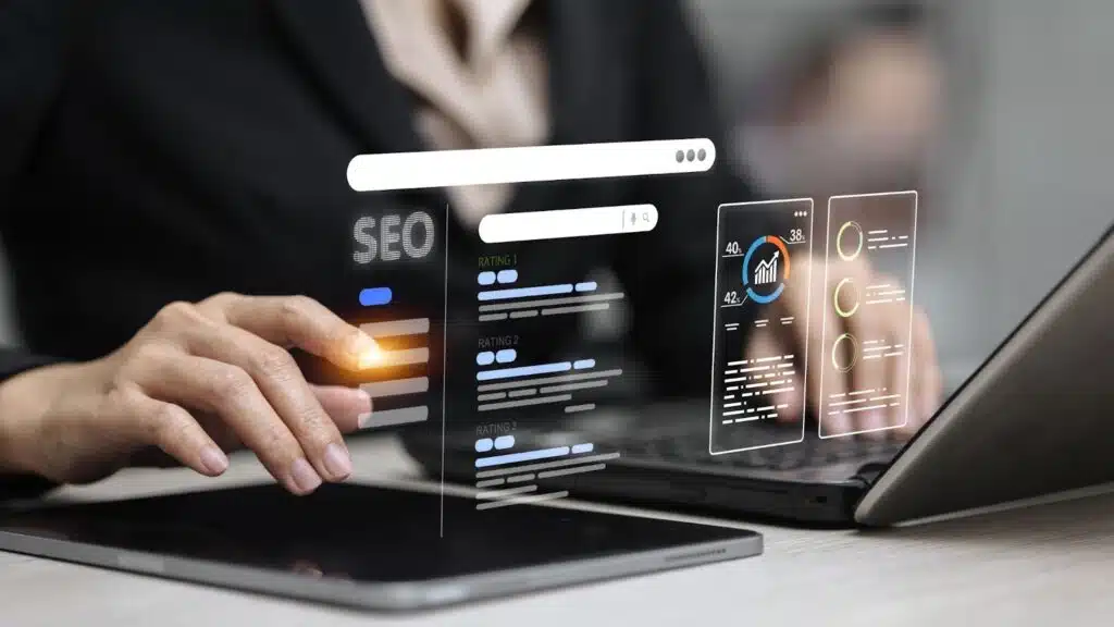 A person's hands interact with a digital interface displaying SEO data and analytics charts.