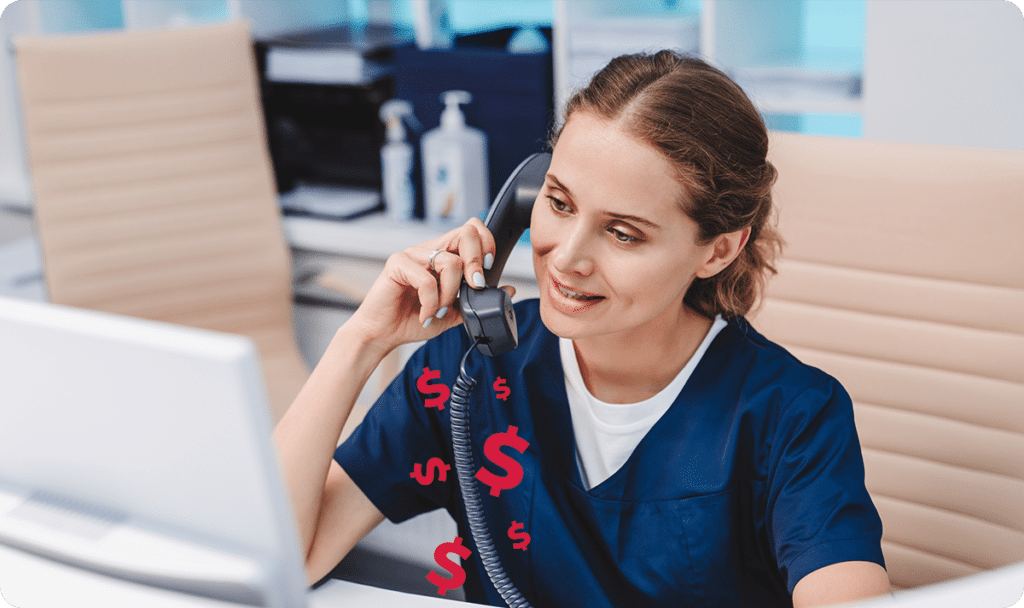 Front desk staff talking on the phone with red dollar signs dropping from the receiver