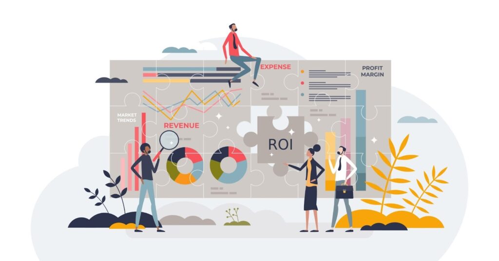A flat vector illustration shows a team of diverse professionals collaborating on a large puzzle that displays various financial data visualizations like bar charts.