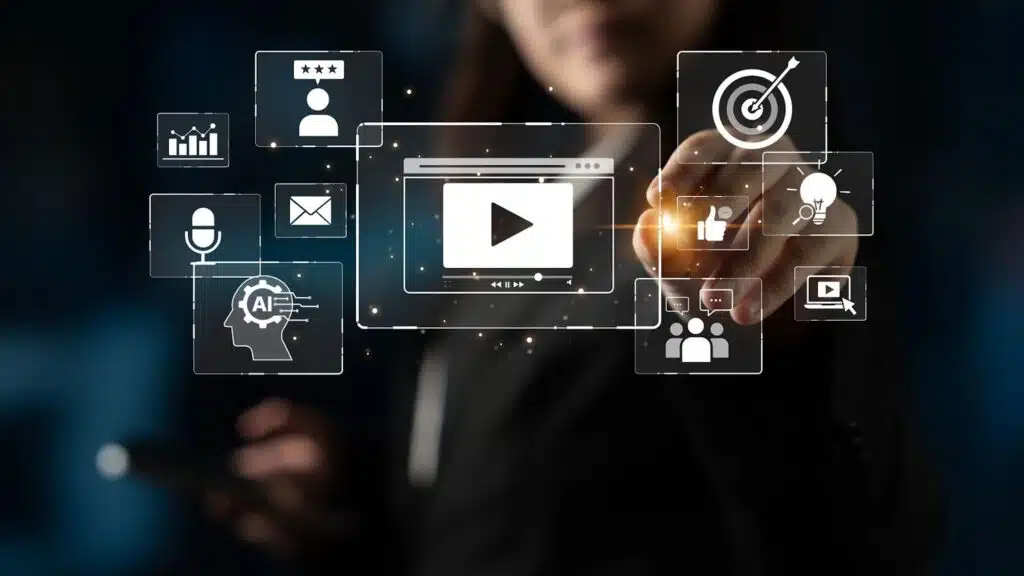 A person in a dark suit interacts with a glowing, futuristic digital interface representing marketing trends.