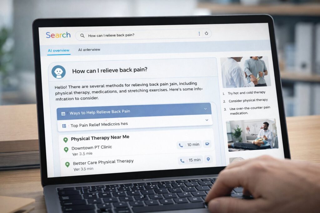 AI search overview showing physical therapy options for back pain on a laptop screen.