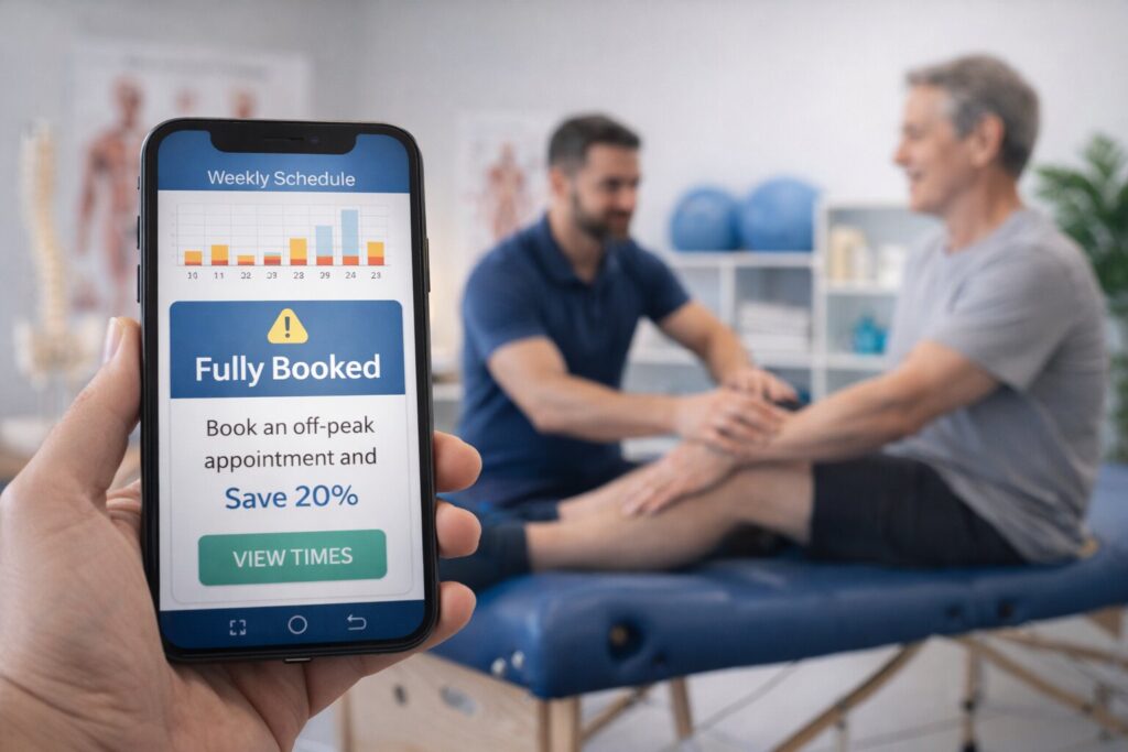 Smartphone showing a fully booked physical therapy schedule and promoting off-peak appointment times to manage clinic capacity.