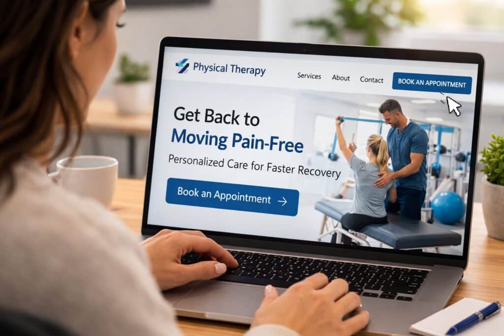 Patient browsing a physical therapy clinic website on a laptop with a visible “Book an Appointment” button for scheduling treatment online.