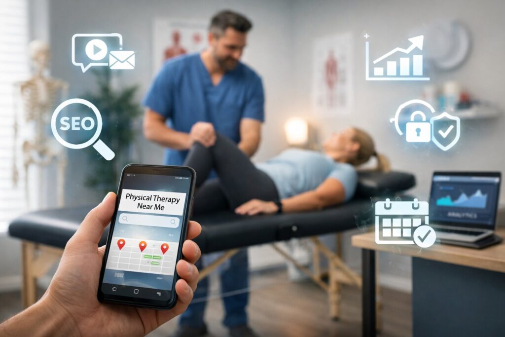 Patient searching for physical therapy near me on a smartphone while a therapist treats a patient in a clinic.