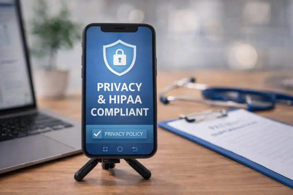 Smartphone displaying HIPAA-compliant privacy protection on a healthcare website with a security shield icon on screen.