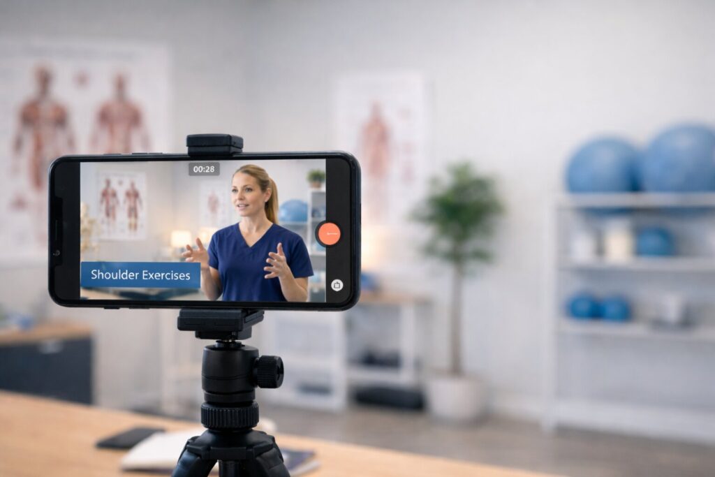 Smartphone on tripod recording a physical therapist explaining shoulder exercises for short-form educational video content in a clinic.