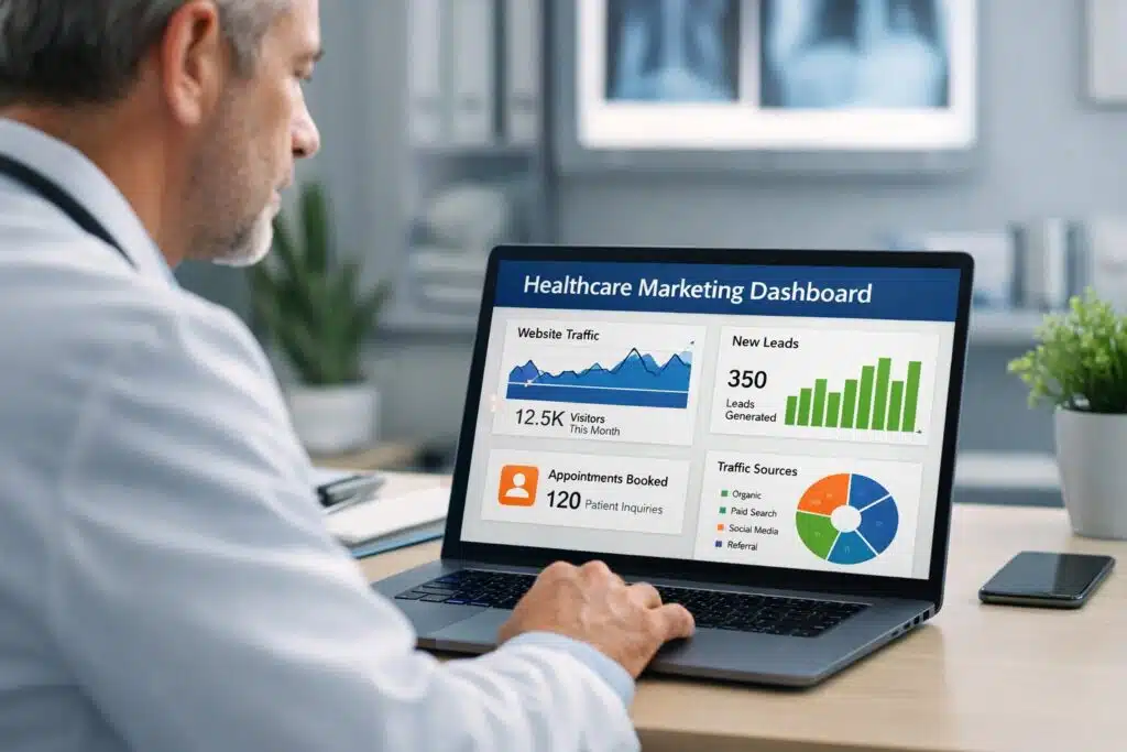 Doctor reviewing healthcare digital marketing analytics on a laptop.