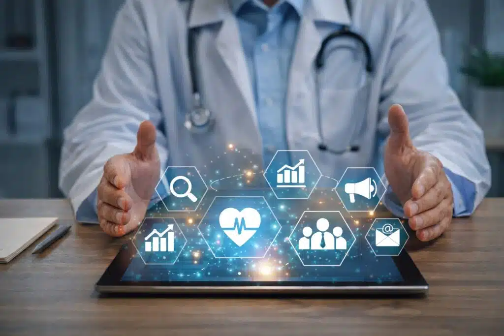 Doctor using a tablet with healthcare digital marketing and analytics icons.