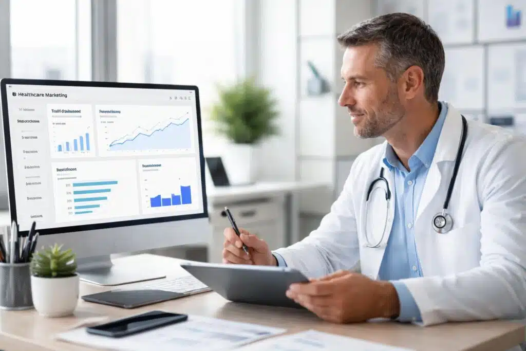 Doctor reviewing healthcare marketing analytics on a computer in a medical office.