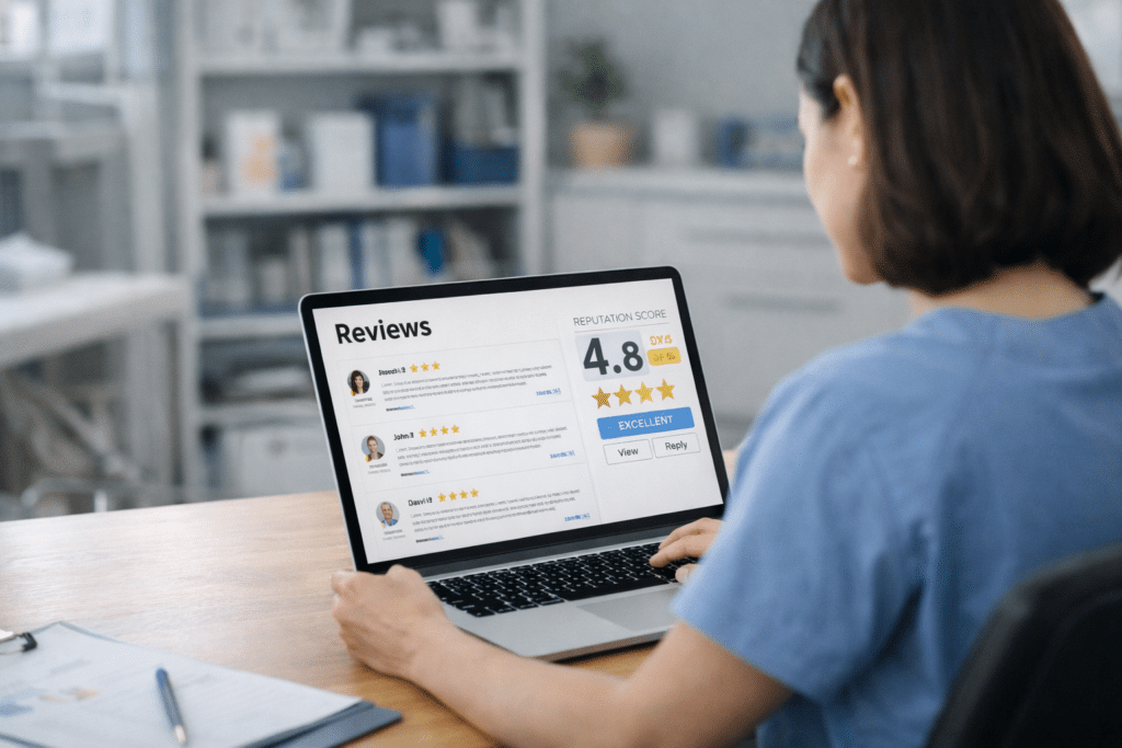 Clinic staff reviewing patient reviews and star ratings on a laptop