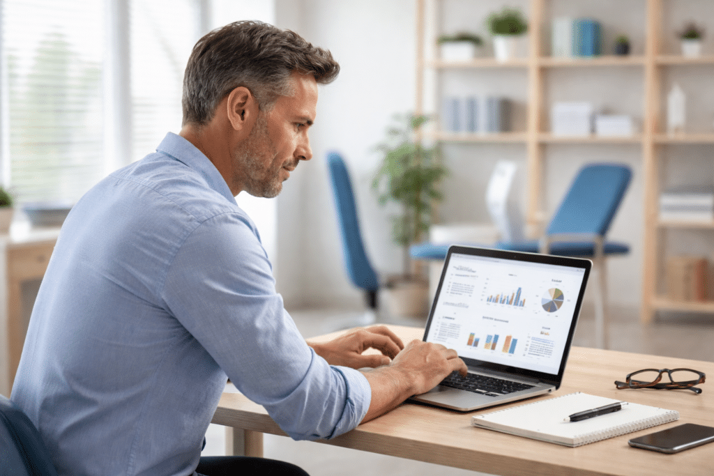 Physical therapy clinic owner reviewing marketing data on a laptop