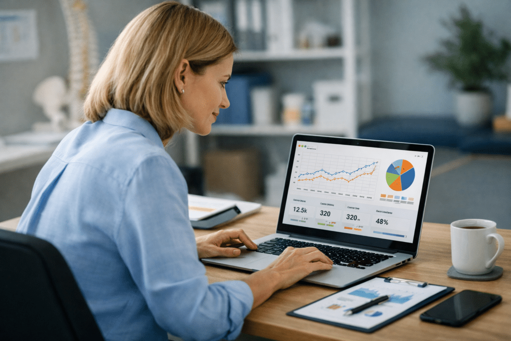 Clinic owner reviewing SEO and Google Ads performance on a laptop