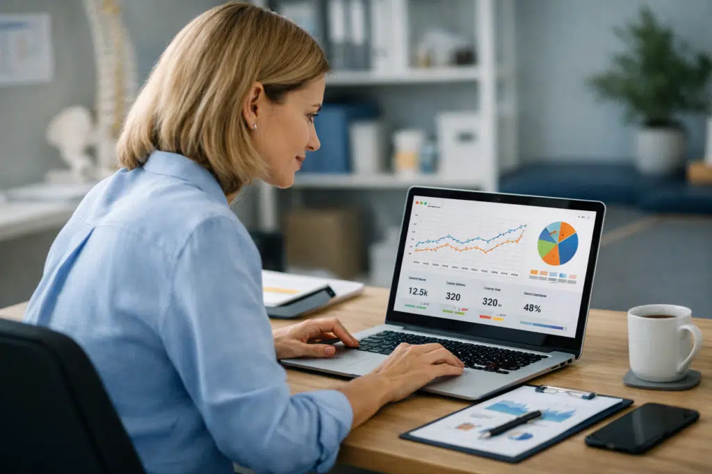 Clinic owner reviewing SEO and Google Ads performance on a laptop
