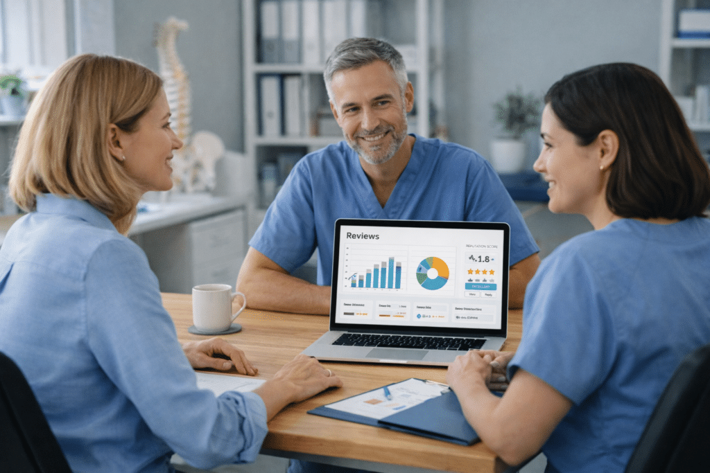 Healthcare team discussing clinic growth and expansion plans around a laptop